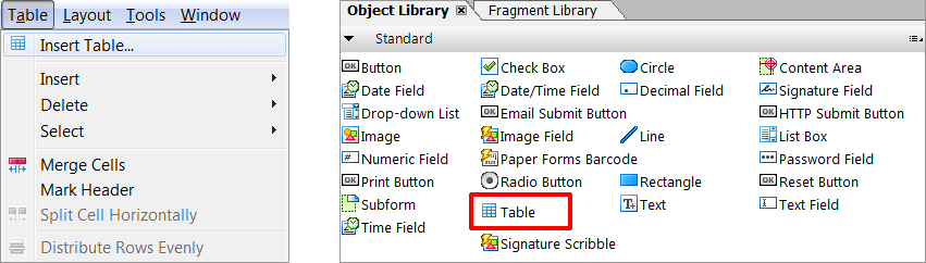 AEM Forms Designer Table menu and Table object