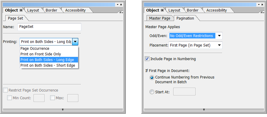 You can control pagination with the Designer Page Set and Pagination tabs.