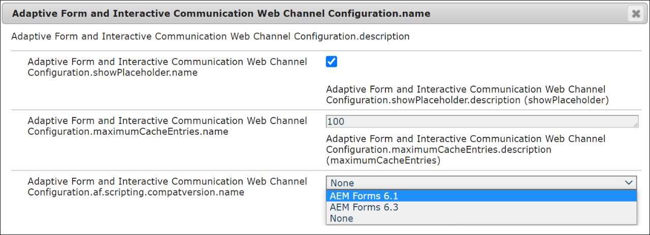 AEM Web Console showing the Adaptive Form and Interactive Communication Web Channel Configuration.name panel