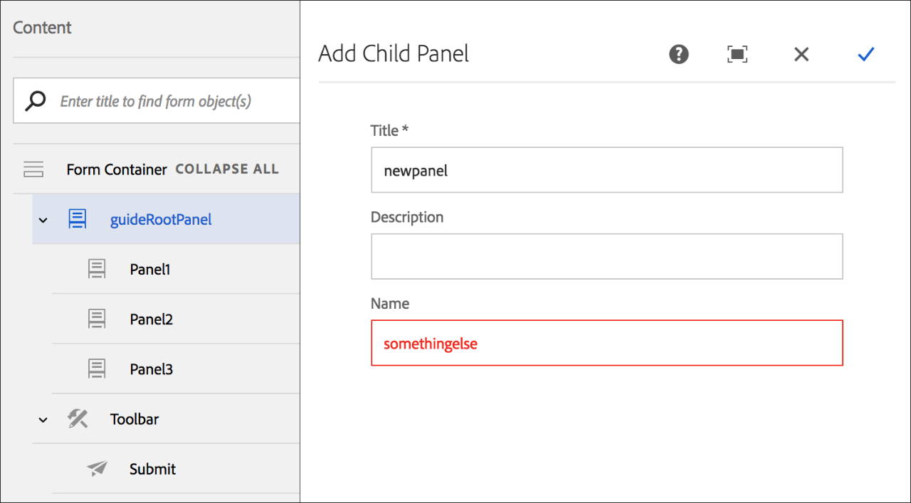 Adobe AEM Forms unable to create child panel