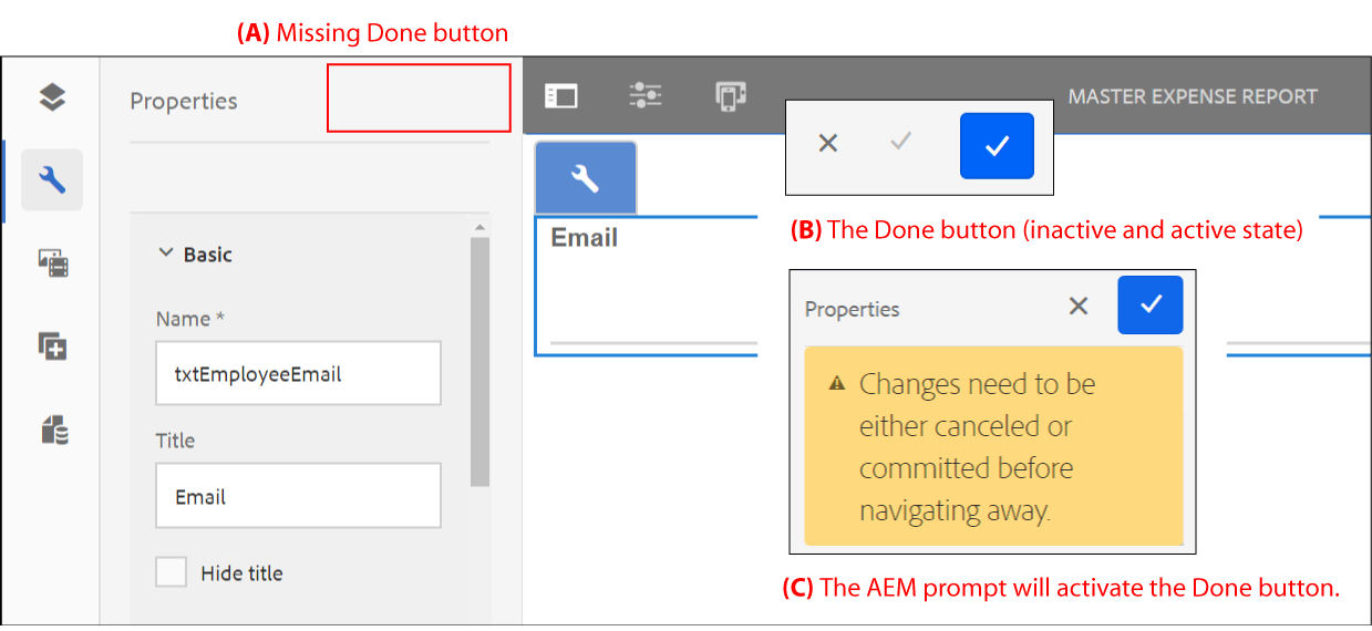 Missing Done button in AEM Forms