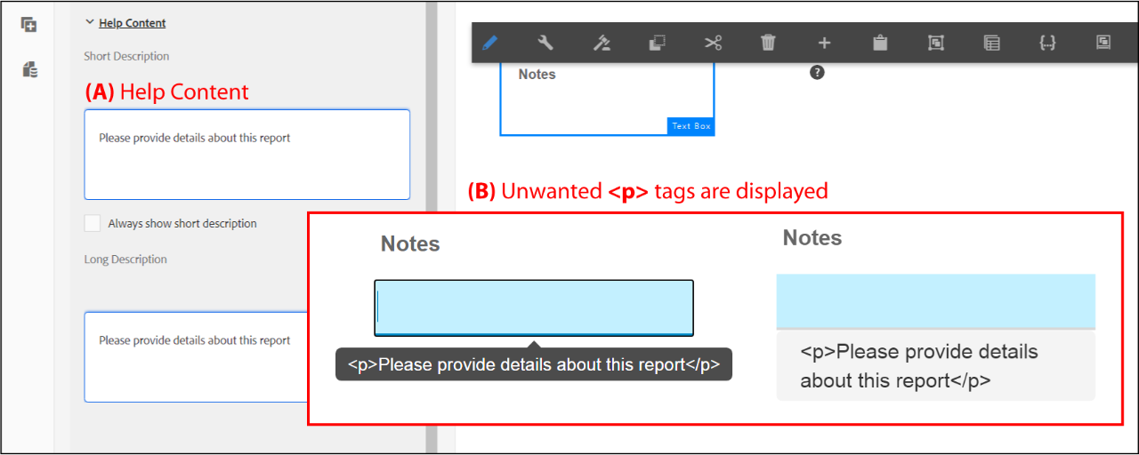 paragraph tags in Help Content of AEM Forms