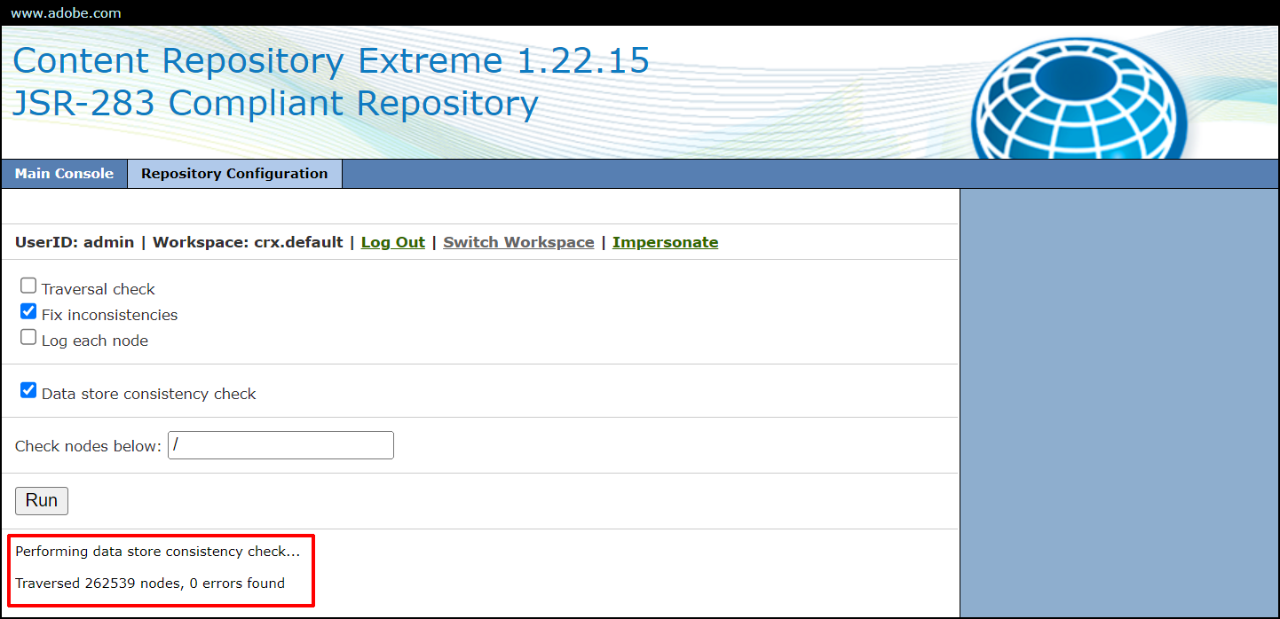 CRX Explorer Datastore Consistency Check