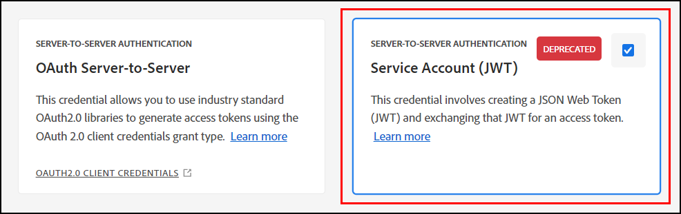 Screenshot showing the Service Account (JWT) option for the Adobe Automated Forms Conversion Service