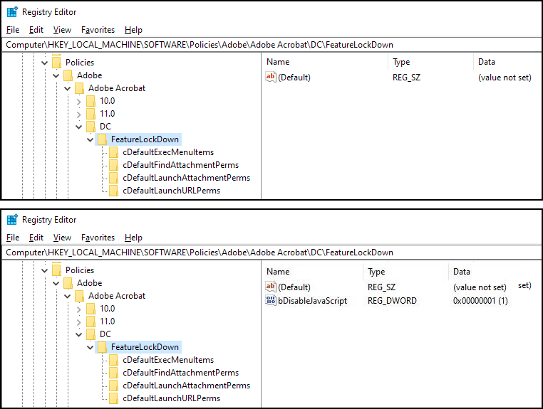 Screenshot of the Windows Registry Editor showing Acrobat's JavaScript nodes.