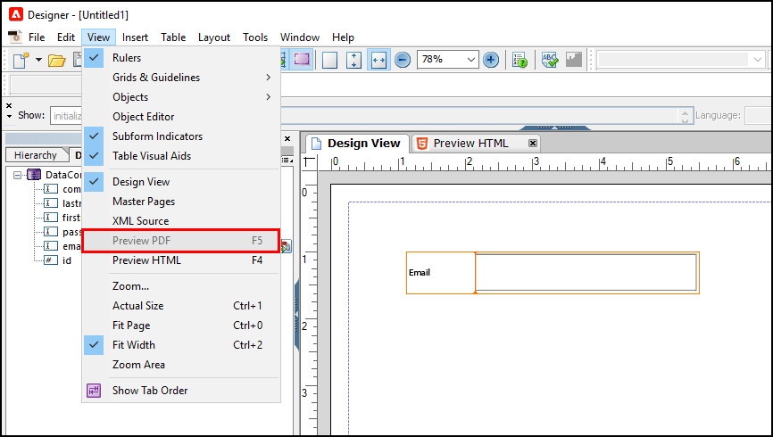 Screenshot showing Designer's Preview PDF is grayed out