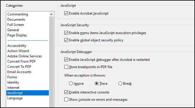 Screenshot showing Adobe Acrobat's JavaScript Preferences