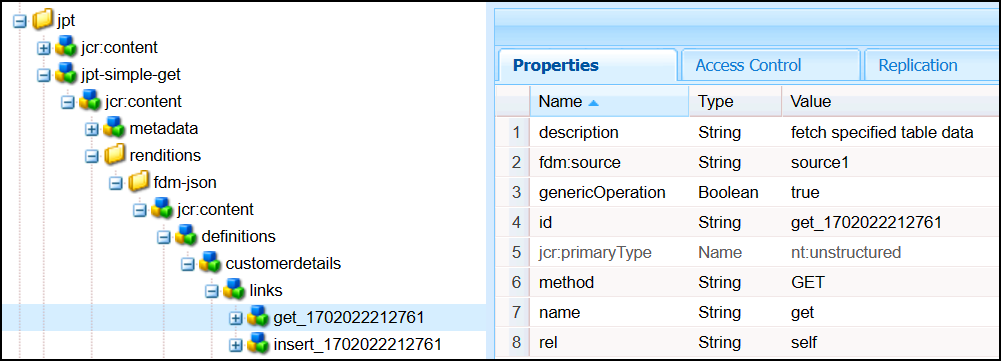 Screenshot showing the get and insert services of a Form Data Model in CRX.